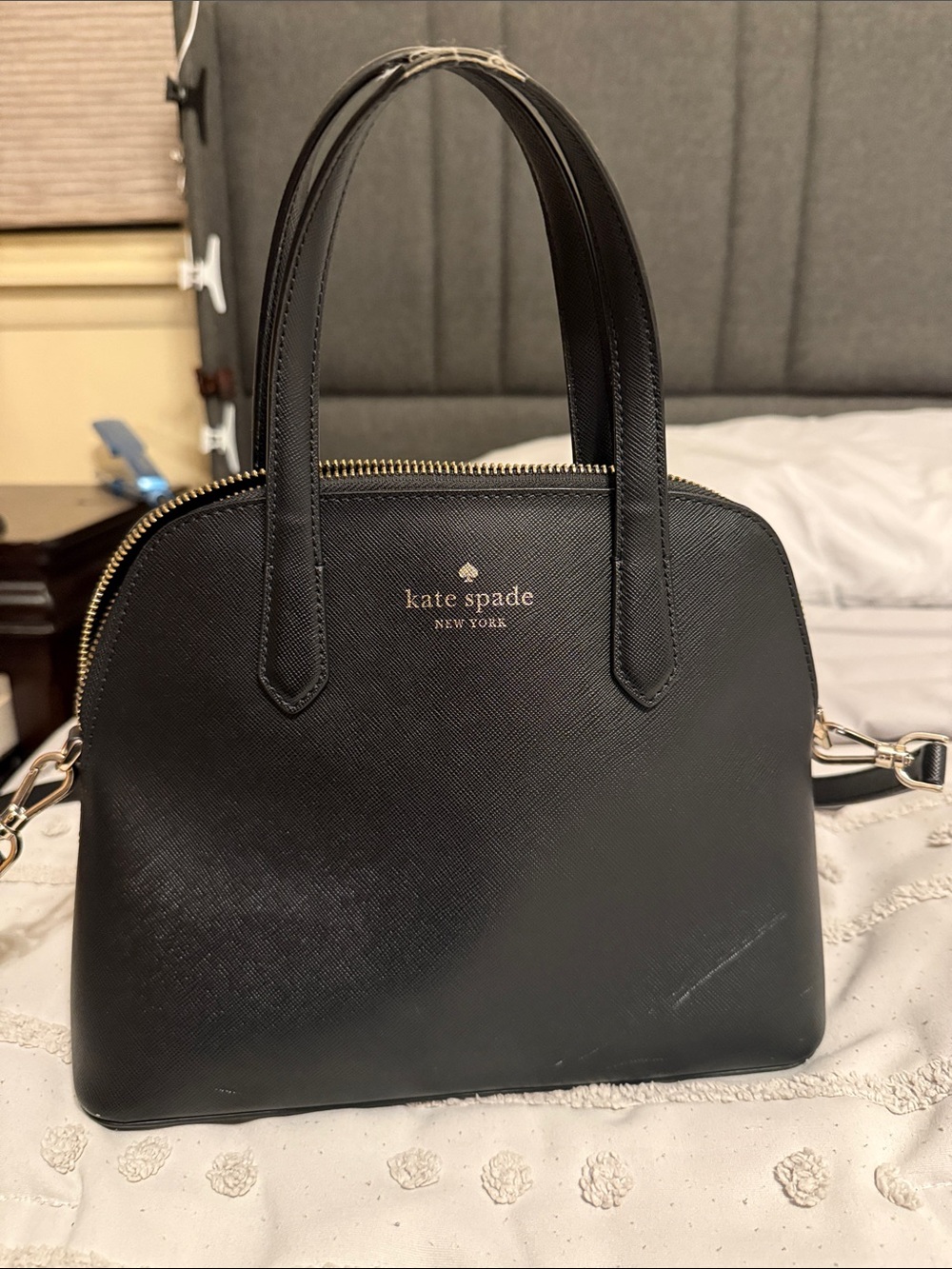 kate spade black leather dome satchel with gold hardware